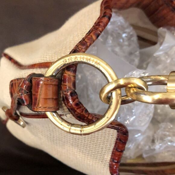 BRAHMIN Canvas and Warm Brown Crocodile Leather Shoulder Bag with Medallion - Picture 11 of 17